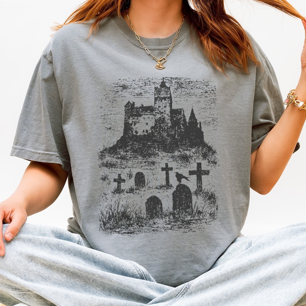 Gothic Castle Graveyard Graphic Tee Dark Aesthetic Design